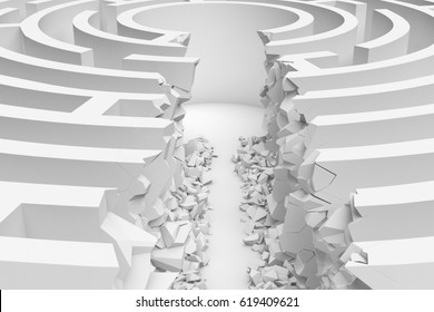 3d Rendering Of A White Round Maze With A Direct Route Cut Right To The Center In Close Up View. Puzzles And Problems. Unexpected Solutions. Mazes And Labyrinths.