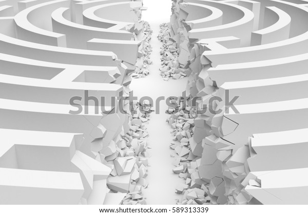 3d\
rendering of a white round maze with its walls broken by a straight\
line of rumble dividing the maze in half. Mazes and labyrinths.\
Problems and solutions. Unconventional\
approaches.