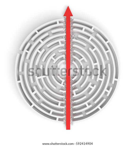 3d rendering of a white round maze in side view\
divided in half by a red arrow line. Mazes and labyrinths. Arrow\
strike. Business\
issues.