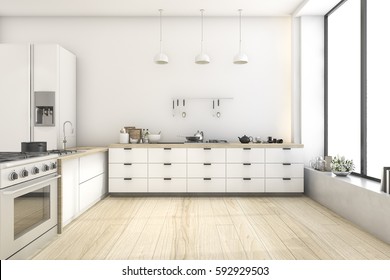 3d Rendering White Scandinavian Style Kitchen With Lamp