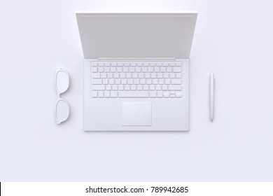 3d Rendering White Scene Abstract Laptop Pen And Glasses Technology Concept