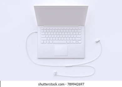 3d Rendering White Scene Abstract Laptop And Earphone-headphone Technology Concept