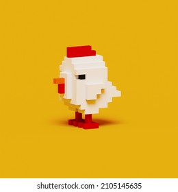 3D rendering white small chick using voxel style isolated in yellow background