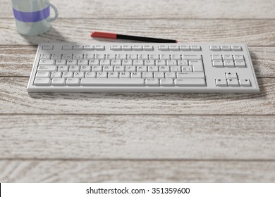 3d rendering of a white spanish keyboard and red marker on wooden table. From above