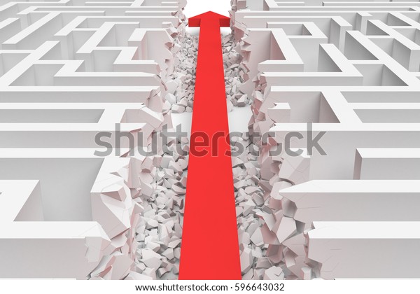 3d rendering of a white square maze in side view\
divided in half by a red arrow line. Mazes and labyrinths. Arrow\
strike. Business\
issues.