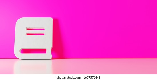 3D rendering of white symbol of close book icon leaning on on color wall with floor blurred reflection with empty space on right side