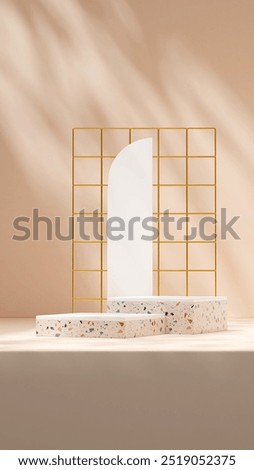 3d rendering white and terrazzo texture podium mockup template in portrait with gold grid