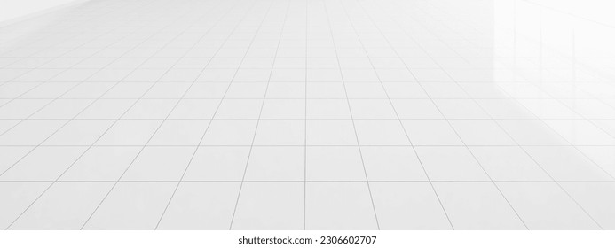 3d rendering of white tile floor with grid line of square texture pattern in perspective. Clean shiny surface. Interior home design for bathroom, kitchen and laundry room. Empty space for background.