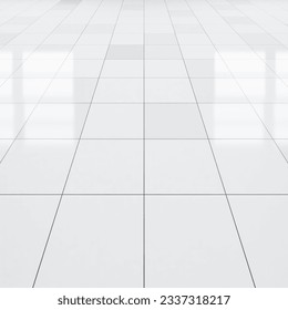 3d rendering of white tile floor with texture pattern in perspective. Clean shiny of ceramic surface. Modern interior home design for bathroom, kitchen and laundry room. Empty space for background. - Shutterstock ID 2337318217