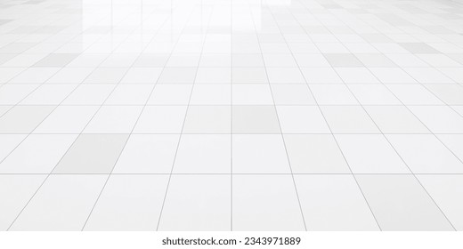3d rendering of white tile floor with grid line of square texture pattern in perspective. Clean shiny surface. Interior home design for bathroom, kitchen and laundry room. Empty space for background.