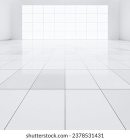 3d rendering of white tile floor in perspective, empty space or room, light from window. Modern interior home design of living room, look clean, bright, surface with texture pattern for background.
