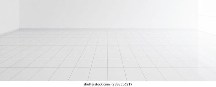 3d rendering of white tile floor with grid line of square texture pattern in perspective. Clean shiny surface. Interior home design for bathroom, kitchen and laundry room. Empty space for background.