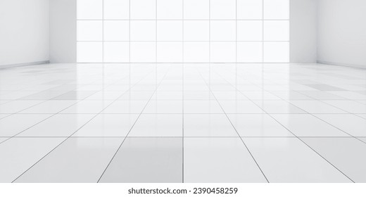 3d rendering of white tile floor in perspective, empty space or room, light from window. Modern interior home design of living room, look clean, bright, surface with texture pattern for background.