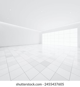 3d rendering of white tile floor in perspective, empty space or room, light from window. Modern interior home design of living room, look clean, bright, surface with texture pattern for background.