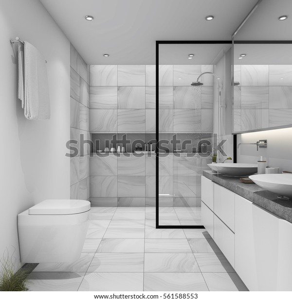3d Rendering White Tile Modern Bathroom Stock Illustration 561588553