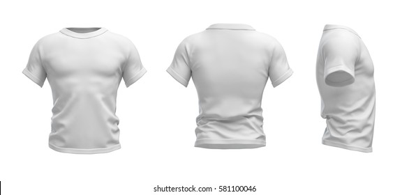 3d Rendering Of A White T-shirt Shaped As A Realistic Male Torso In Front, Side And Back View. Ads And Promotions. Sports And Fitness. Fashion Sales.