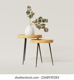 3D Rendering White Vase on Wood Sidetable in Living room