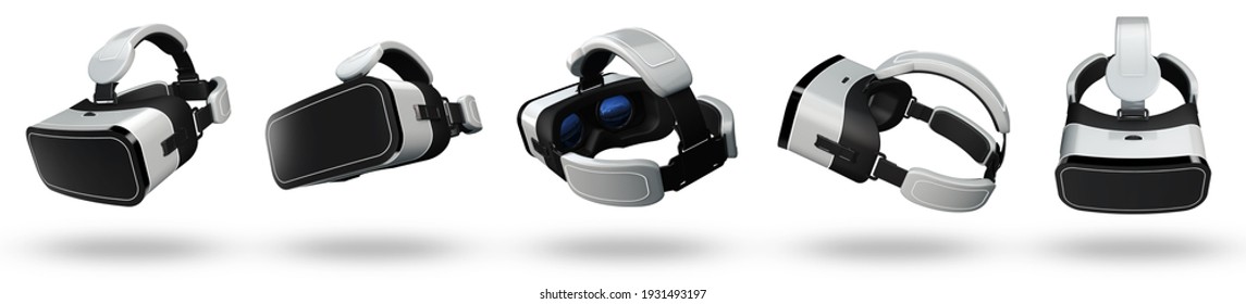 3D Rendering of white VR cameras in multiple angle for graphic source. Realistic VR glasses on white background.