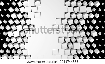 3D rendering of a white wall fragmentation into cubes isolated on a black background. Geometric pattern of crushing and screen swiping blocks. High tech transition screensaver for presentation.