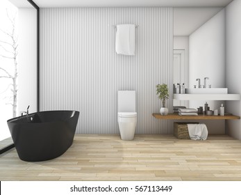 3d Rendering White Wood Bathroom Near Window In Winter