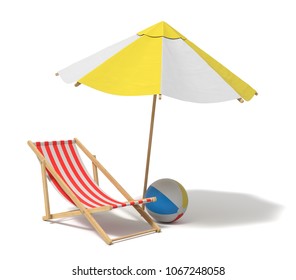 3d rendering of a white and yellow beach umbrella and wooden deck chair. Vacation for two. Catching rays. Rest at seaside. - Powered by Shutterstock