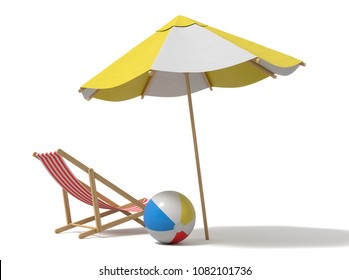 3d rendering of a white and yellow beach umbrella and wooden deck chair. Vacation for two. Catching rays. Rest at seaside. - Powered by Shutterstock