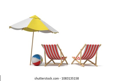 3d rendering of a white and yellow beach umbrella standing above two deck chairs. Vacation for two. Catching rays. Rest at seaside. - Powered by Shutterstock