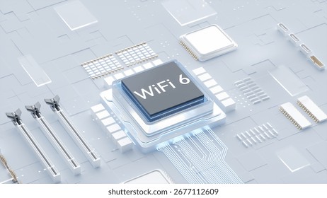 3D rendering of WiFi 6 chip integrated on advanced circuit board for next - gen wireless technology