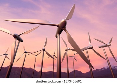 3D rendering of a wind farm at sunset
