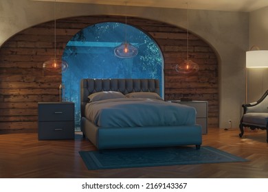 3d rendering of window arched bedroom with a cozy bed next to the hanging lamps