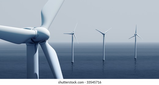 3d rendering of windturbines on the ocean