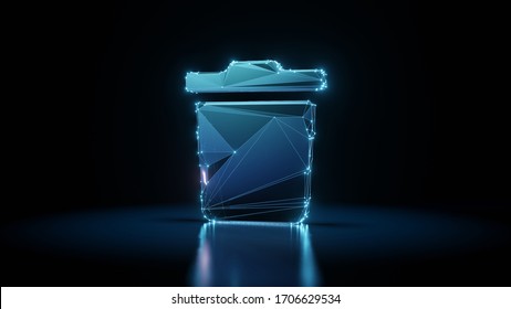 3d rendering wireframe digital techno neon glowing symbol of trash bin with shining dots on black background with blured reflection on floor