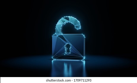 3d rendering wireframe digital techno neon glowing symbol of open padlock with shining dots on black background with blured reflection on floor