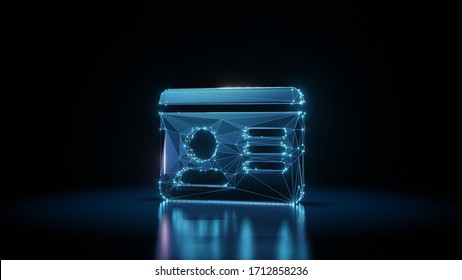 3d Rendering Wireframe Digital Techno Neon Glowing Symbol Of Id Card With Personal Photo With Shining Dots On Black Background With Blured Reflection On Floor