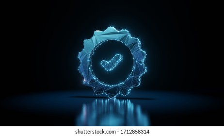 3d rendering wireframe digital techno neon glowing symbol of check mark in gear circle with shining dots on black background with blured reflection on floor - Powered by Shutterstock