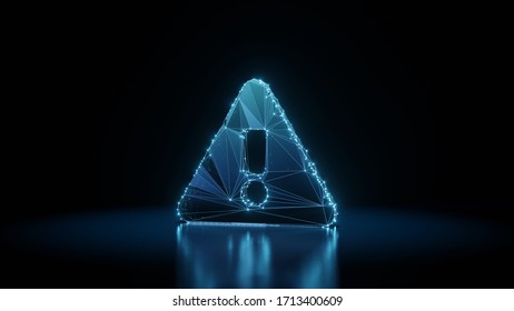 3d rendering wireframe digital techno neon glowing symbol of exclamation symbol in triangle with shining dots on black background with blured reflection on floor