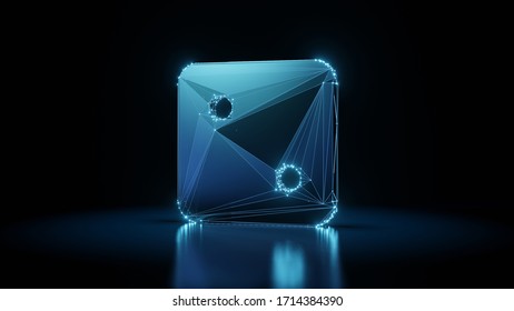 3d rendering wireframe digital techno neon glowing symbol of dice with two dots with shining dots on black background with blured reflection on floor