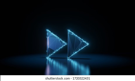 3d rendering wireframe digital techno neon glowing symbol of double fast forward right triangle arrows with shining dots on black background with blured reflection on floor