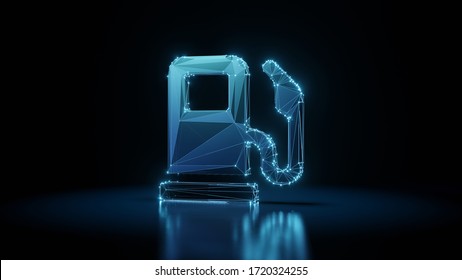 3d rendering wireframe digital techno neon glowing symbol of gas pump station with pedestal with shining dots on black background with blured reflection on floor