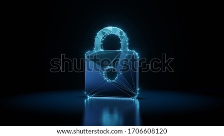 3d rendering wireframe digital techno neon glowing symbol of padlock with shining dots on black background with blured reflection on floor