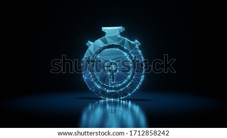 3d rendering wireframe digital techno neon glowing symbol of circular chronometer with shining dots on black background with blured reflection on floor
