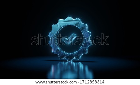3d rendering wireframe digital techno neon glowing symbol of check mark in gear circle with shining dots on black background with blured reflection on floor