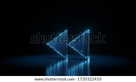 3d rendering wireframe digital techno neon glowing symbol of double fast backward left triangle arrows with shining dots on black background with blured reflection on floor