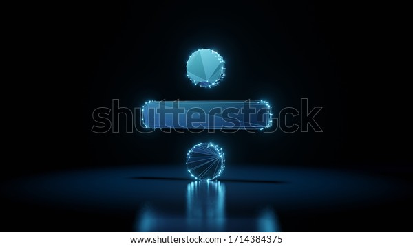 3d rendering wireframe digital techno\
neon glowing symbol of divide symbol   with shining dots on black\
background with blured reflection on\
floor