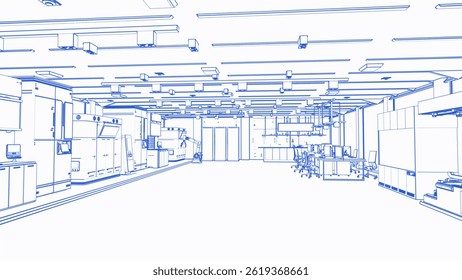 3d rendering wireframe futuristic semiconductor manufacturing factory or laboratory interior with machine and computer screen
