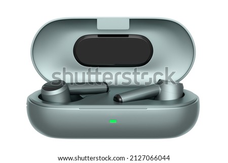 3D rendering of wireless earphones in base box on white background. Concept of headphones for workouts or listening streaming services