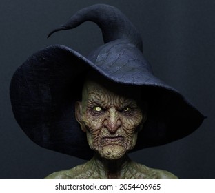 3D Rendering of a witch in a big hat. 3D Illustration.