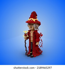 3D Rendering Of A Wizard, Wearing A Red Shirt And Hat Holding A Wand.
With A Blue Background.
Perfect For Vox Game Character Reference.
Simple 3D Modeling.