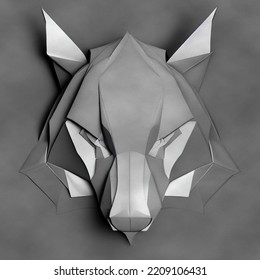 3D Rendering Of Wolf Head In Paper Origami Style