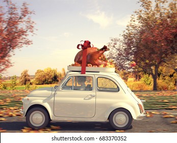 3d rendering. woman driving with big turkey on car roof. - Powered by Shutterstock